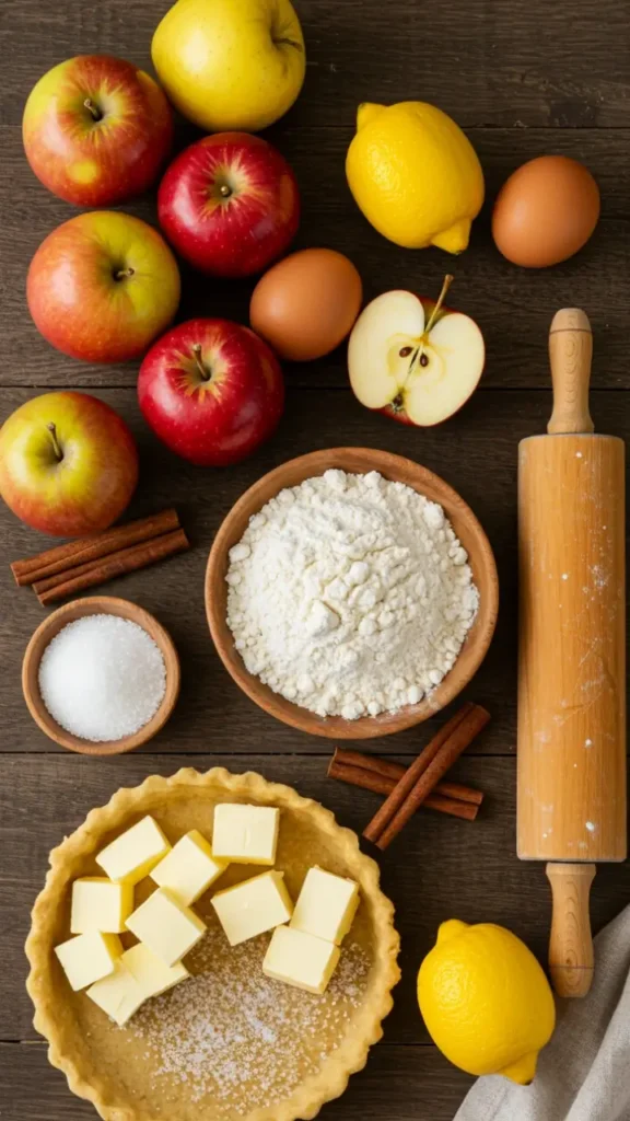 Ingrédients frais pour une tarte aux pommes disposés sur un plan de travail rustique : pommes, farine, beurre, sucre, œufs et cannelle.