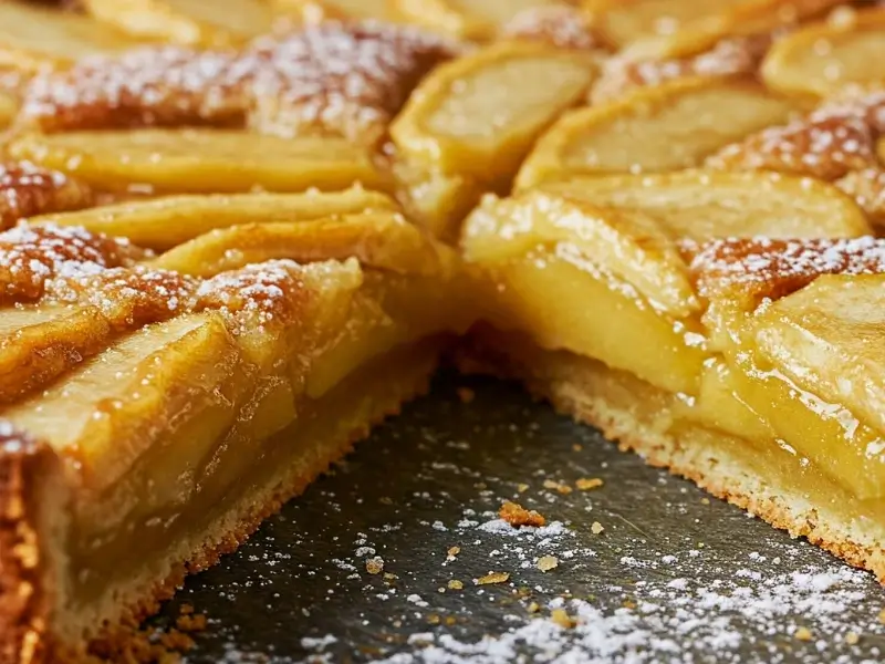 Tarte aux pommes maison fraîchement sortie du four sur une table en bois rustique, avec des pommes finement tranchées en rosace et une pâte dorée.