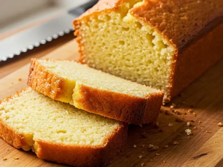 Gâteau au yaourt sans gluten moelleux présenté sur une table en bois, avec une part découpée et un pot de yaourt à côté.