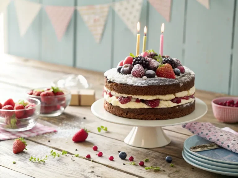 Gâteau d’anniversaire décoré avec des fruits rouges et des bougies, posé sur une table en bois avec des décorations pastel.