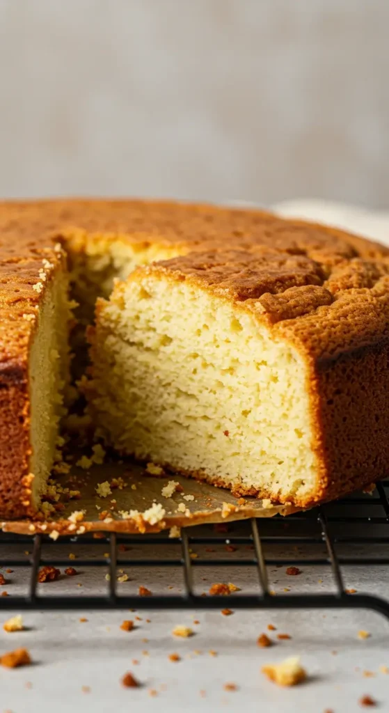 Gros plan sur un gâteau au yaourt sans gluten, coupé pour révéler sa mie moelleuse et légère, posé sur une grille de refroidissement.