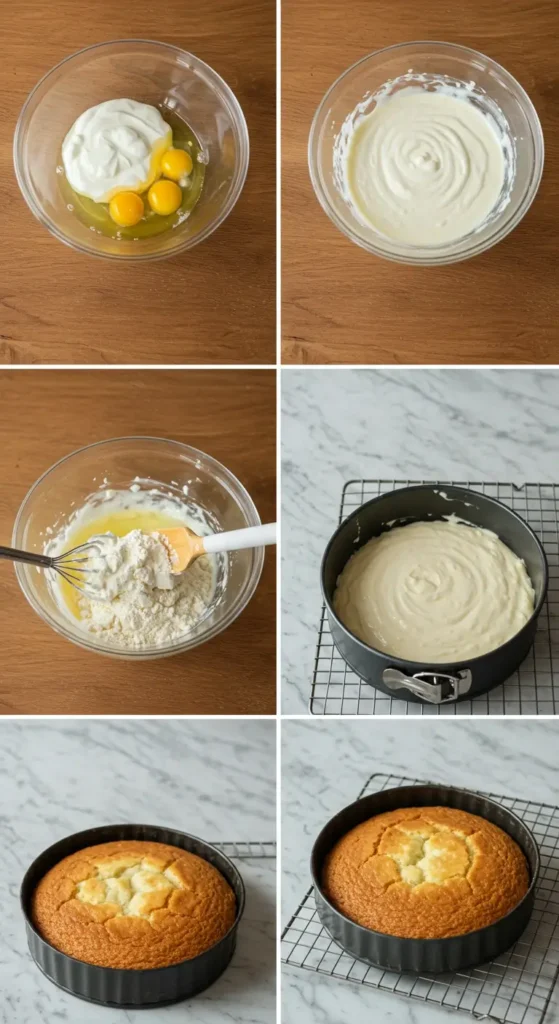 Close-up of a sliced gluten-free yogurt cake showing its soft, fluffy texture. The cake sits on a cooling rack with crumbs around. Warm natural light highlights the moist interior. Neutral kitchen background. No people.