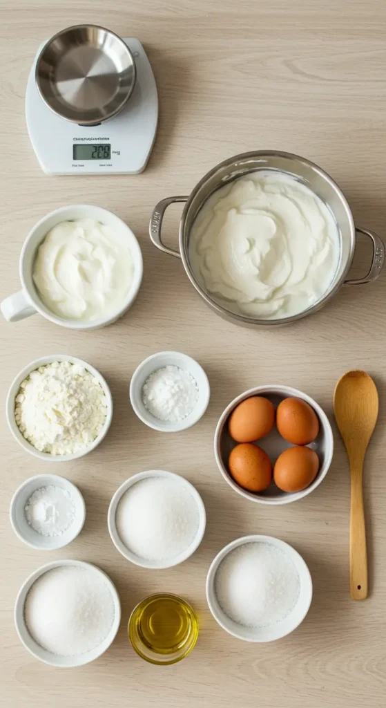 Ingrédients pour un gâteau au yaourt sans gluten disposés sur une table claire, incluant farine de riz, maïzena, yaourt et œufs.