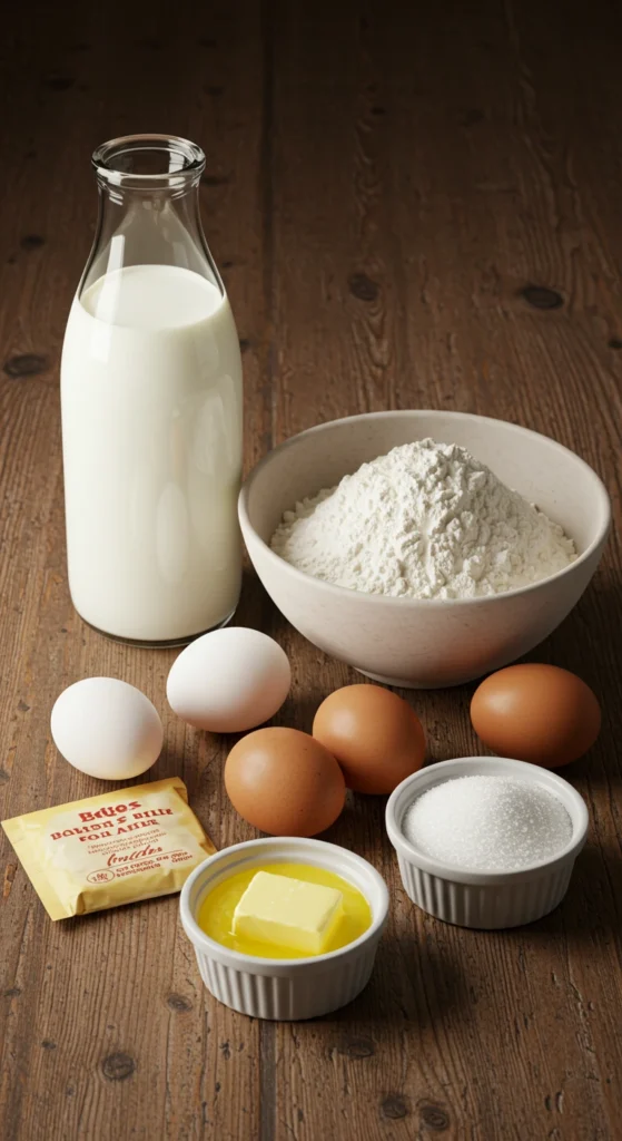 Ingrédients du gâteau au lait présentés sur une table en bois : lait, œufs, farine, sucre, beurre fondu et levure.