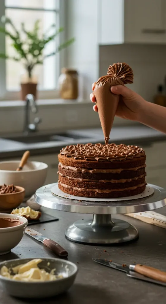 Préparation d’un gâteau d’anniversaire avec glaçage au chocolat dans une cuisine lumineuse.